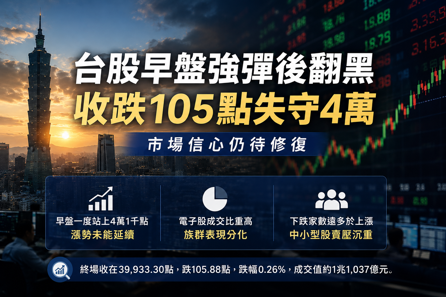 台股早盤強彈後翻黑！終場跌105點失守4萬　市場信心仍待修復