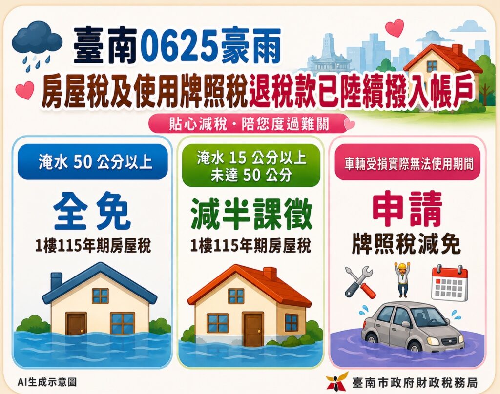 台南0625豪雨房屋稅、使用牌照稅退稅款陸續入帳　淹水50公分全免、15公分以上減半課徵