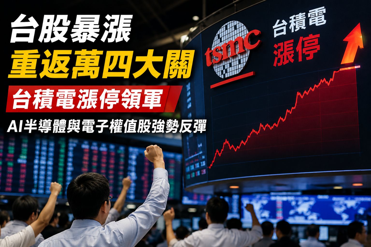 台股大漲3186點創史上最大漲點　台積電漲停收2425元、AI半導體與電子權值股全面反彈，加權指數重返43119點