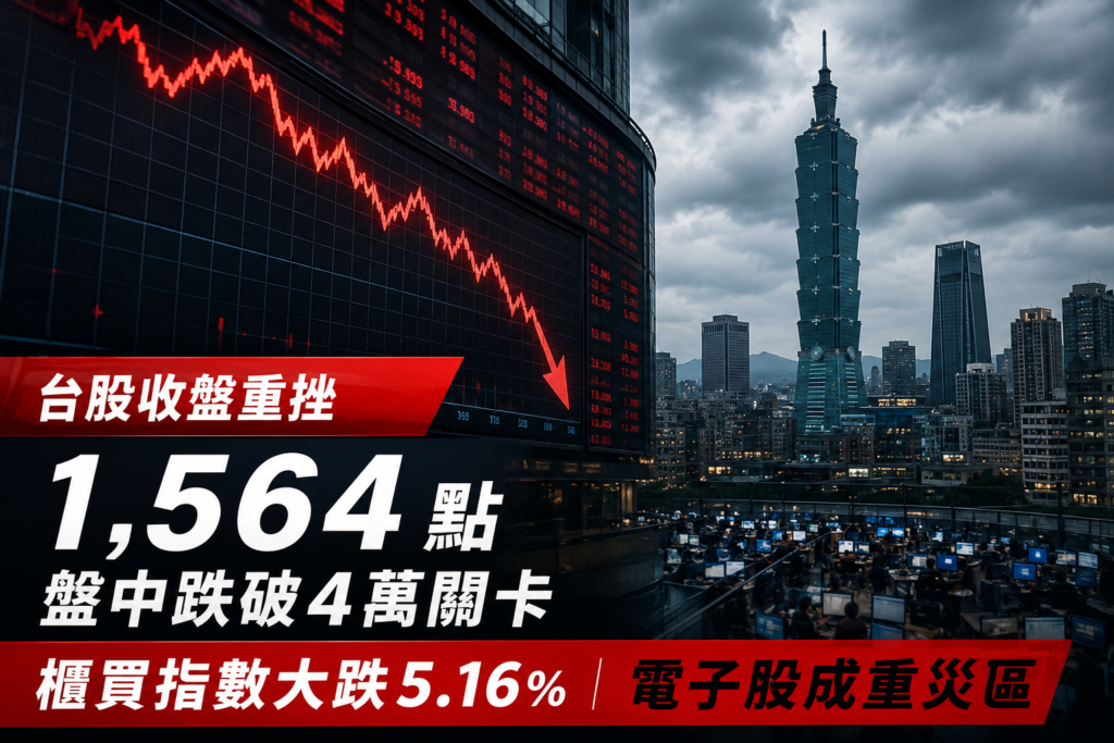 台股收盤重挫1,564點　盤中失守4萬關卡、櫃買指數大跌5.16%
