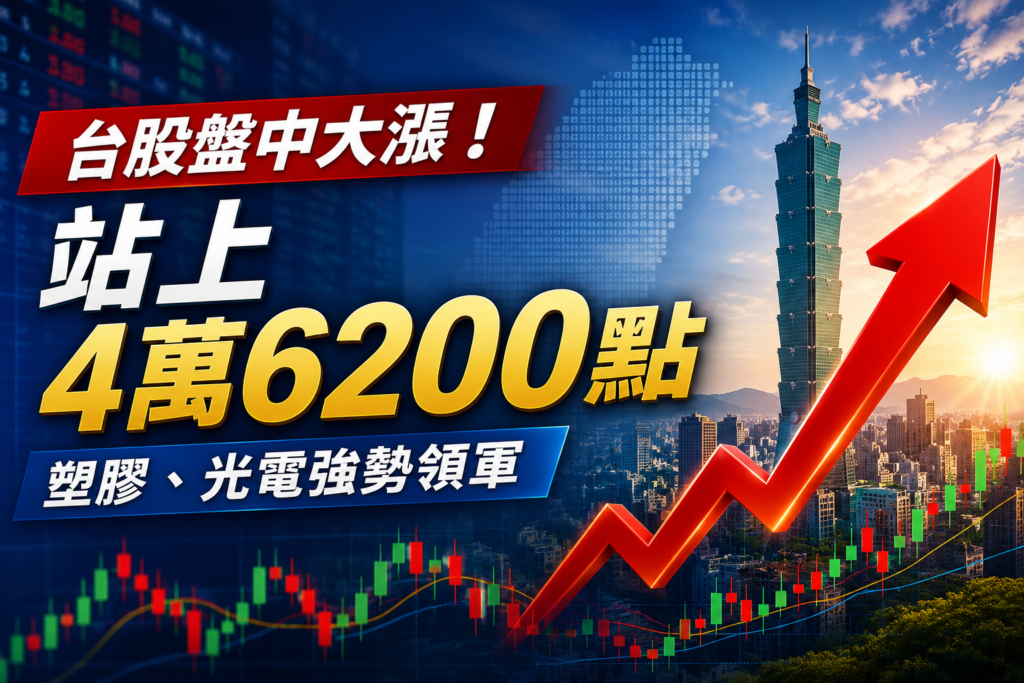 台股盤中大漲逾400點！站上4萬6200點　塑膠、光電強勢領軍